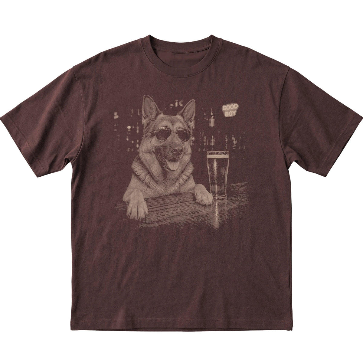 Dark Chocolate German Shepherd at a bar beside a pint, laid flat