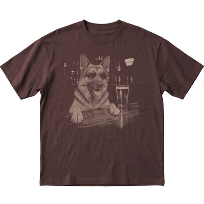 Dark Chocolate German Shepherd at a bar beside a pint, laid flat