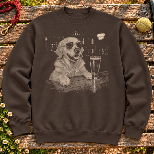 Golden Retriever Drinking Beer on a Dark Chocolate crewneck sweatshirt, shown flat