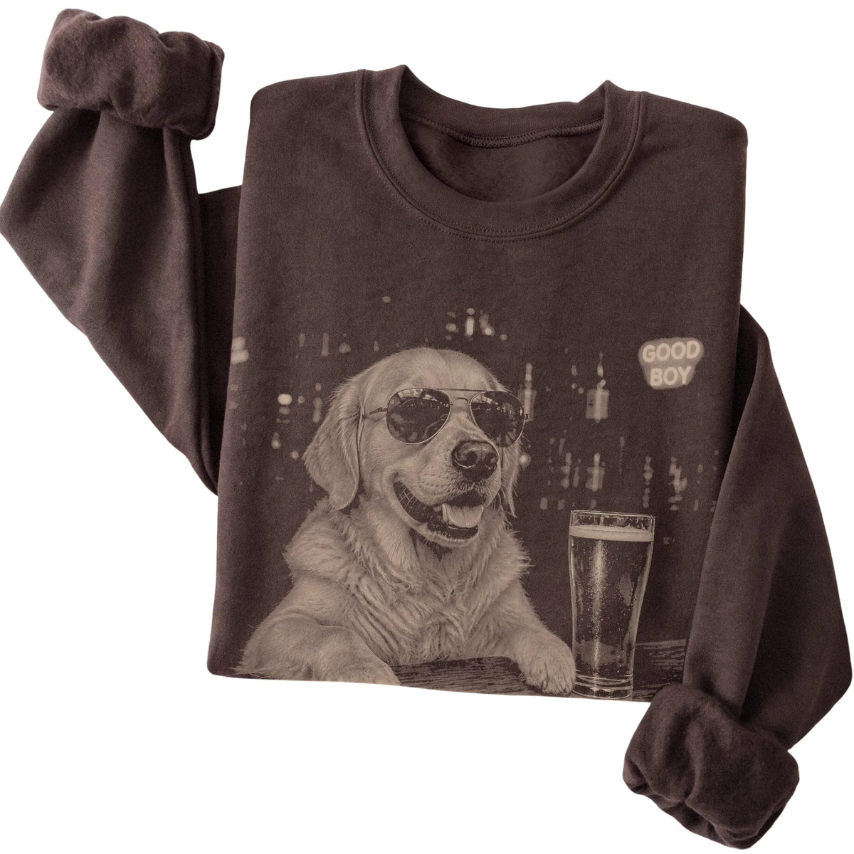 Dark Chocolate Golden Retriever at a bar beside a pint, folded detail view