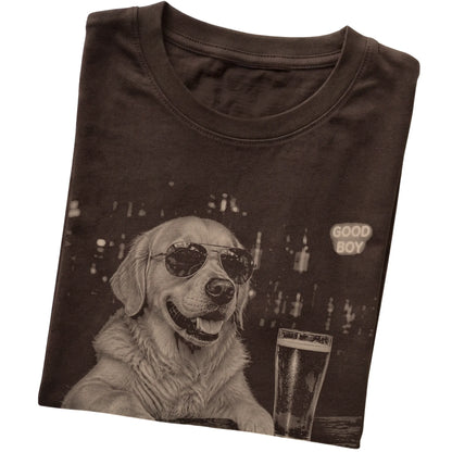 Dark Chocolate Golden Retriever at a bar beside a pint, folded detail view