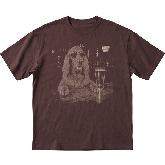 Dark Chocolate Irish Setter at a bar beside a pint, laid flat
