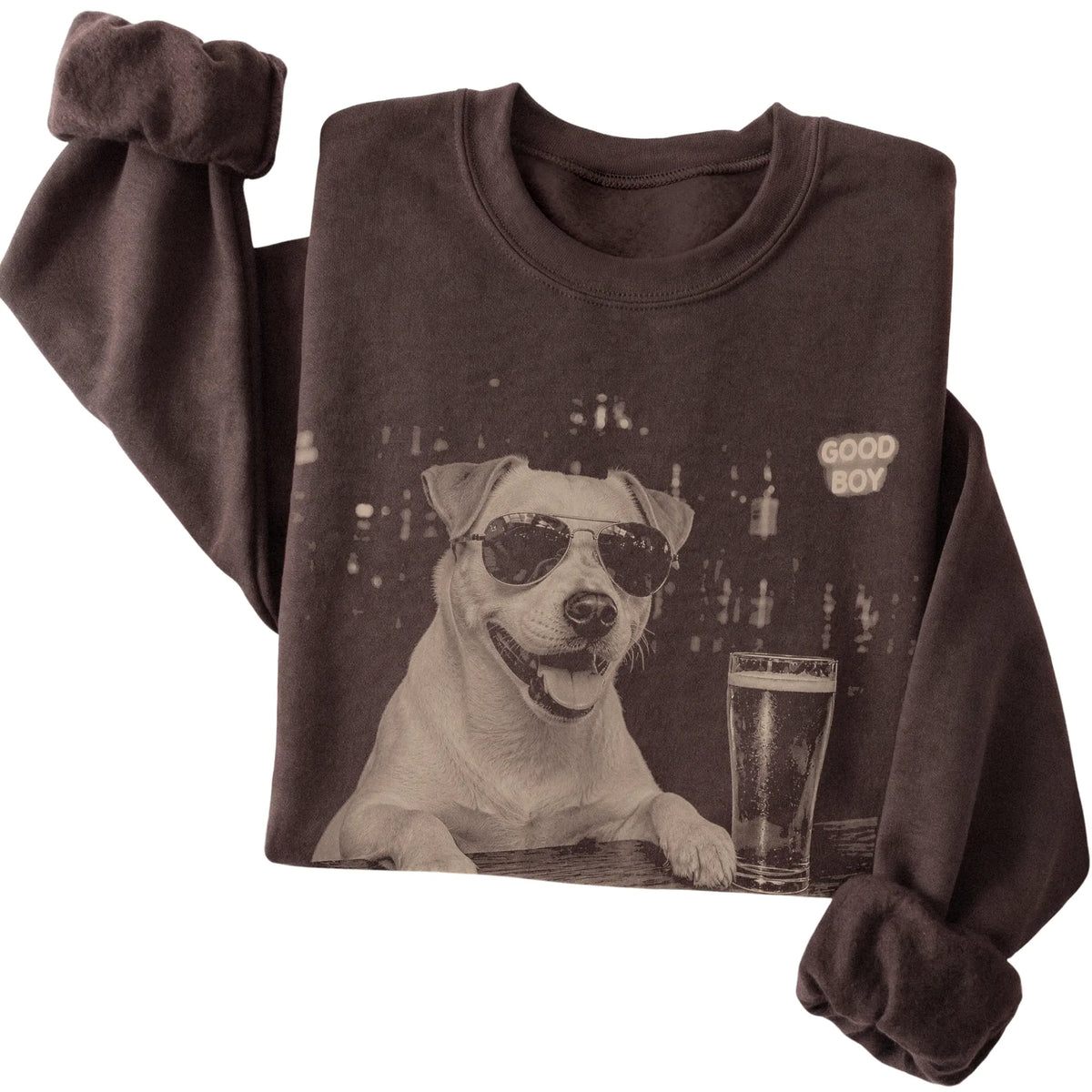 Dark Chocolate Jack Russell at a bar beside a pint, folded detail view