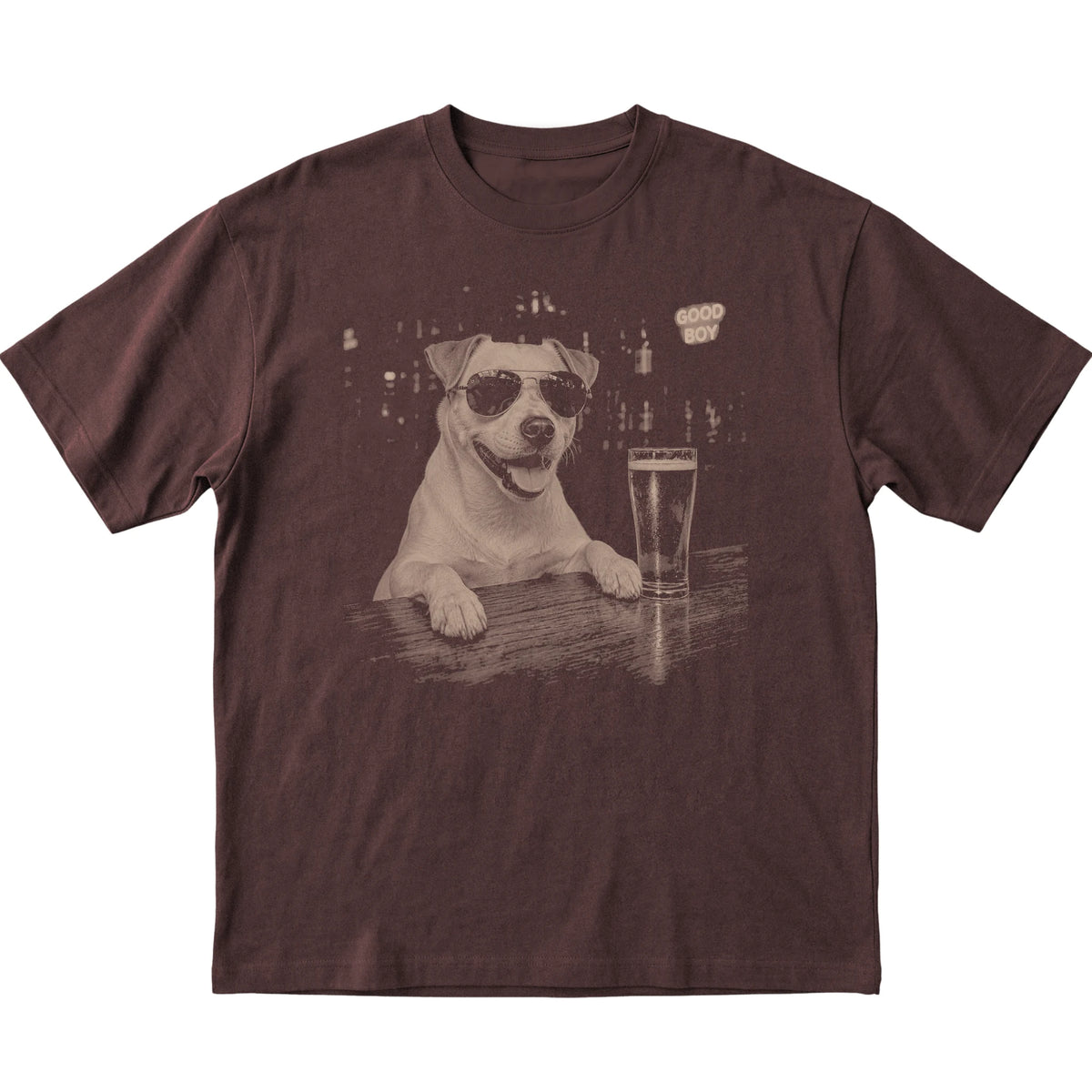Dark Chocolate Jack Russell at a bar beside a pint, laid flat