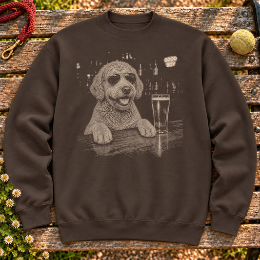 Labradoodle Drinking Beer on a Dark Chocolate crewneck sweatshirt, shown flat