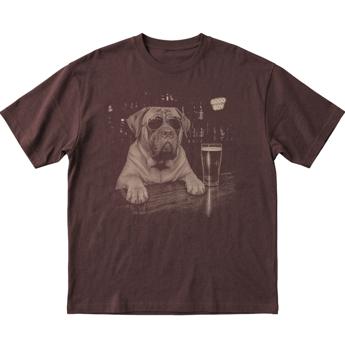 Dark Chocolate Mastiff at a bar beside a pint, laid flat
