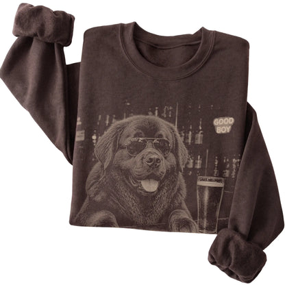 Dark Chocolate Newfie at a bar beside a pint, folded detail view