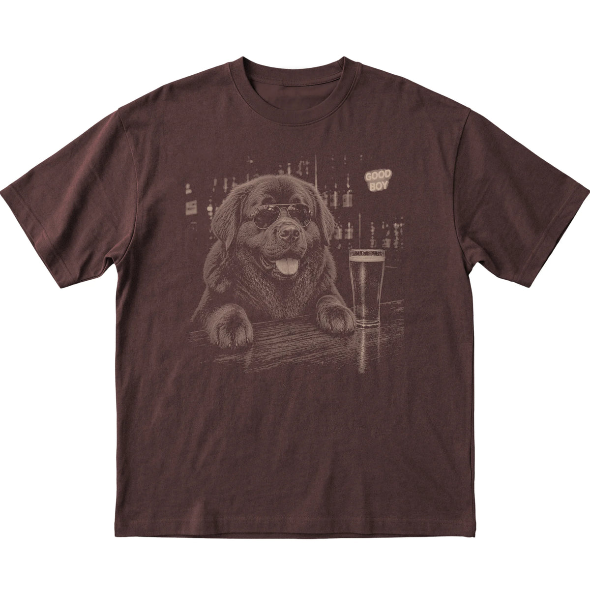 Dark Chocolate Newfie at a bar beside a pint, laid flat
