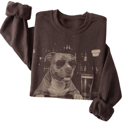 Dark Chocolate Pitbull at a bar beside a pint, folded detail view