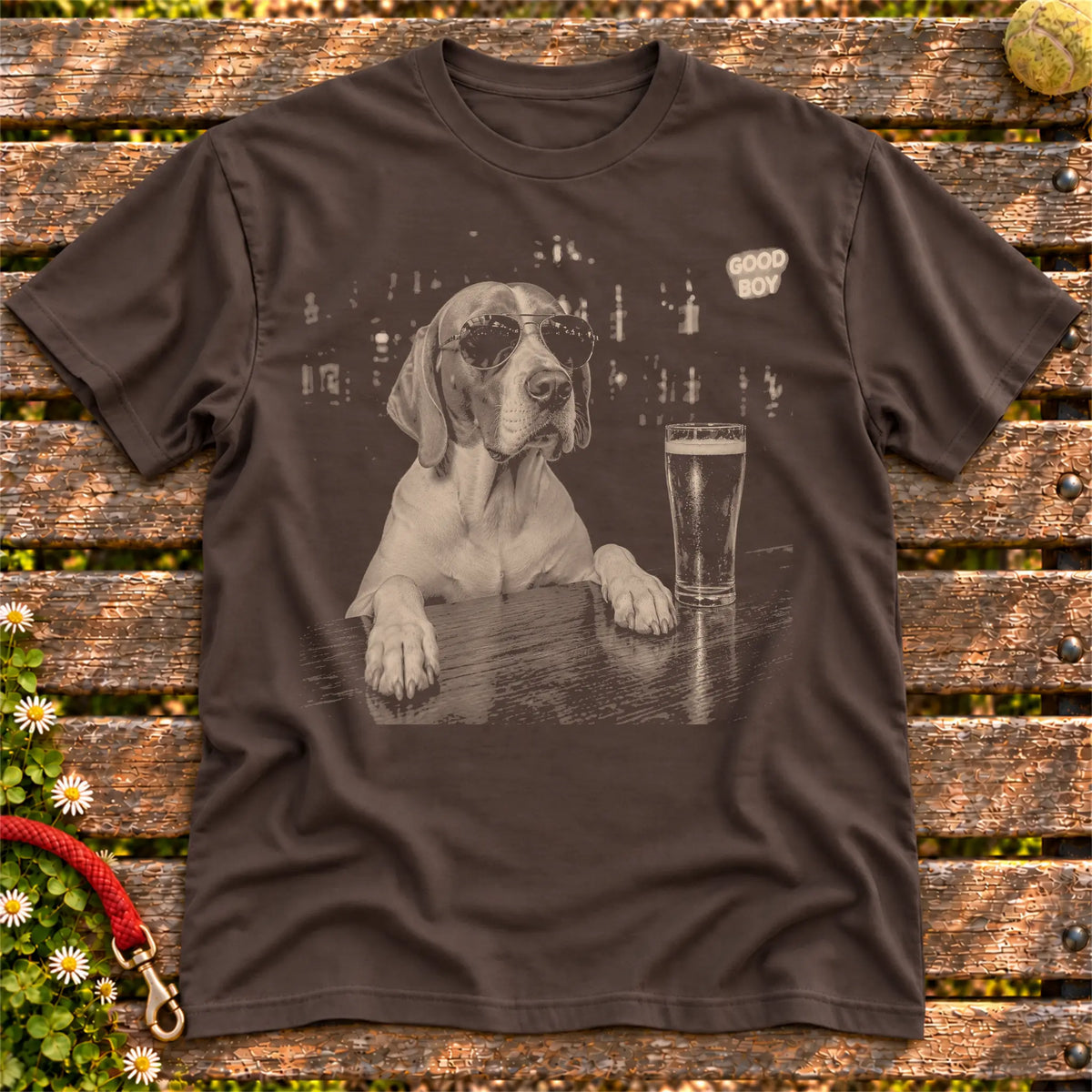 Pointer Drinking Beer on a Dark Chocolate T-shirt, shown flat