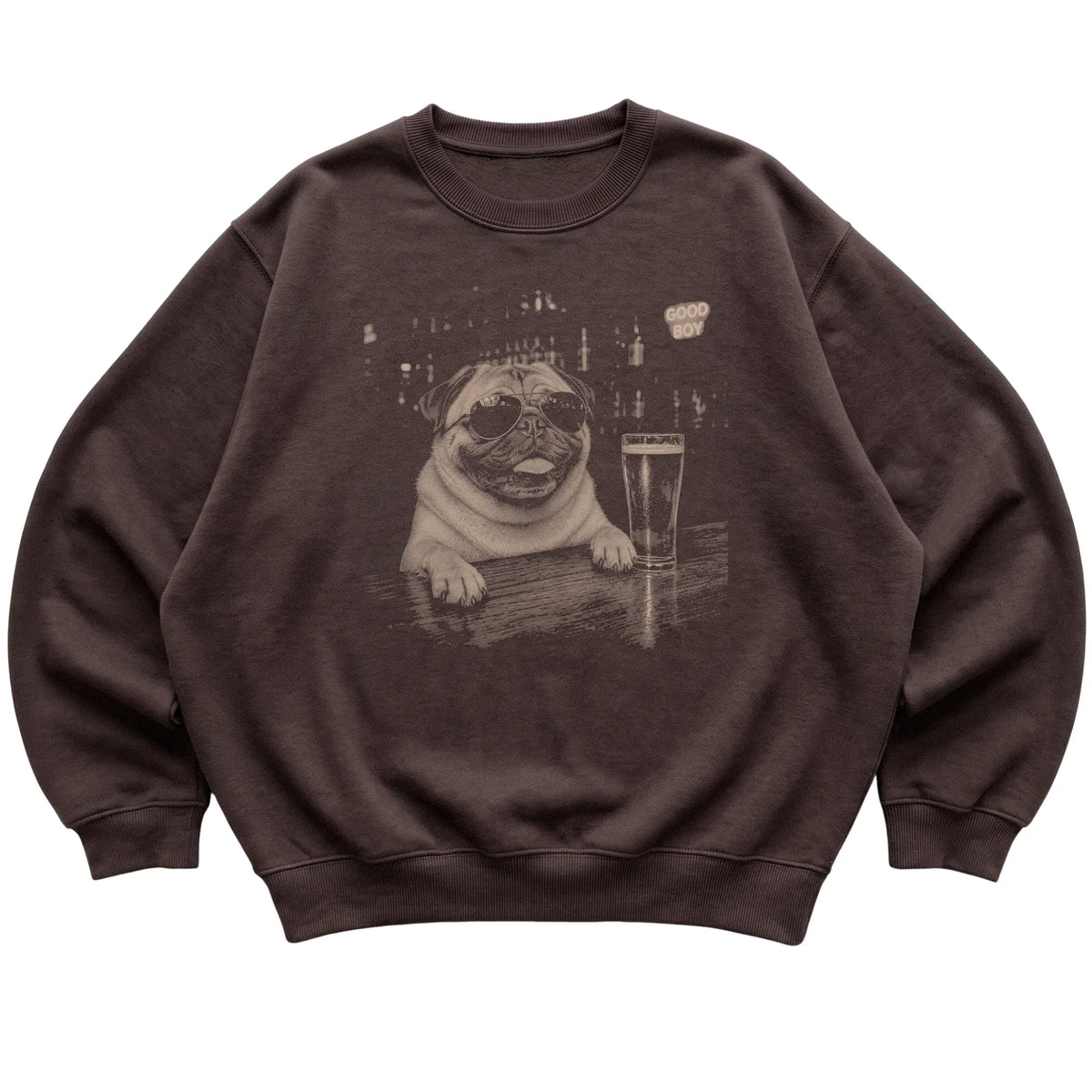 Dark Chocolate Pug at a bar beside a pint, laid flat