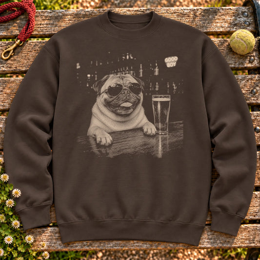 Pug Drinking Beer on a Dark Chocolate crewneck sweatshirt, shown flat