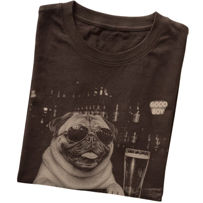Dark Chocolate Pug at a bar beside a pint, folded detail view