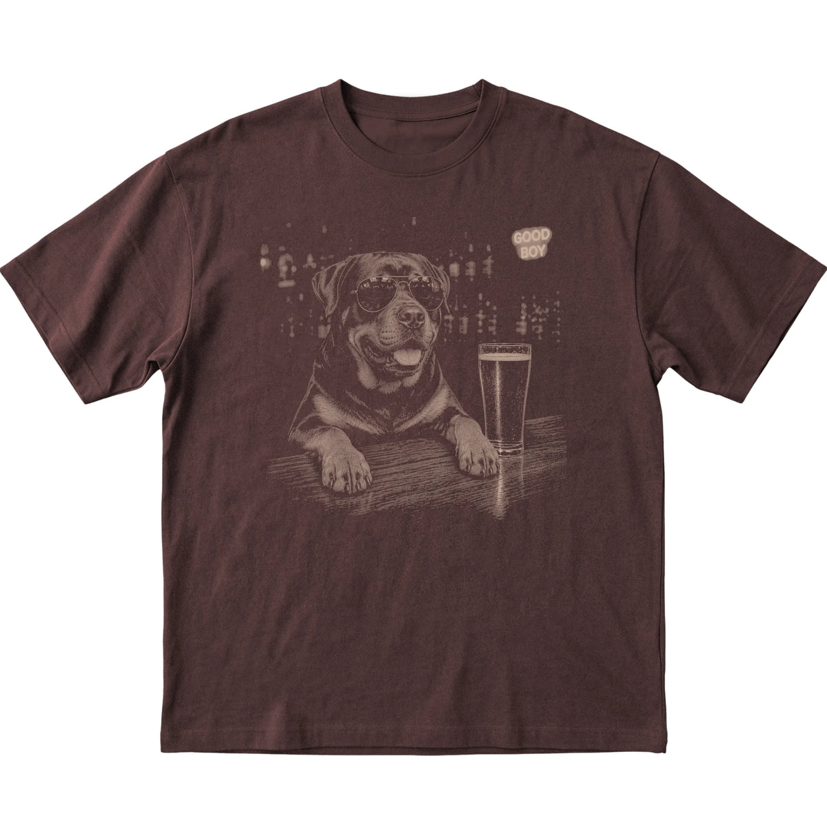 Dark Chocolate Rottweiler at a bar beside a pint, laid flat