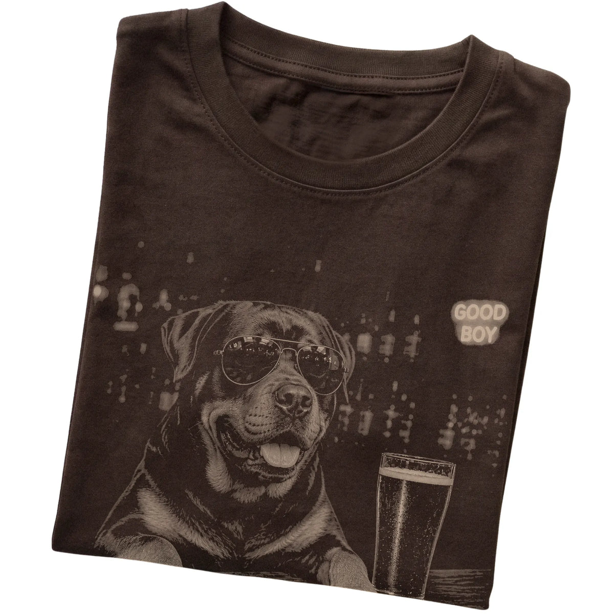 Dark Chocolate Rottweiler at a bar beside a pint, folded detail view