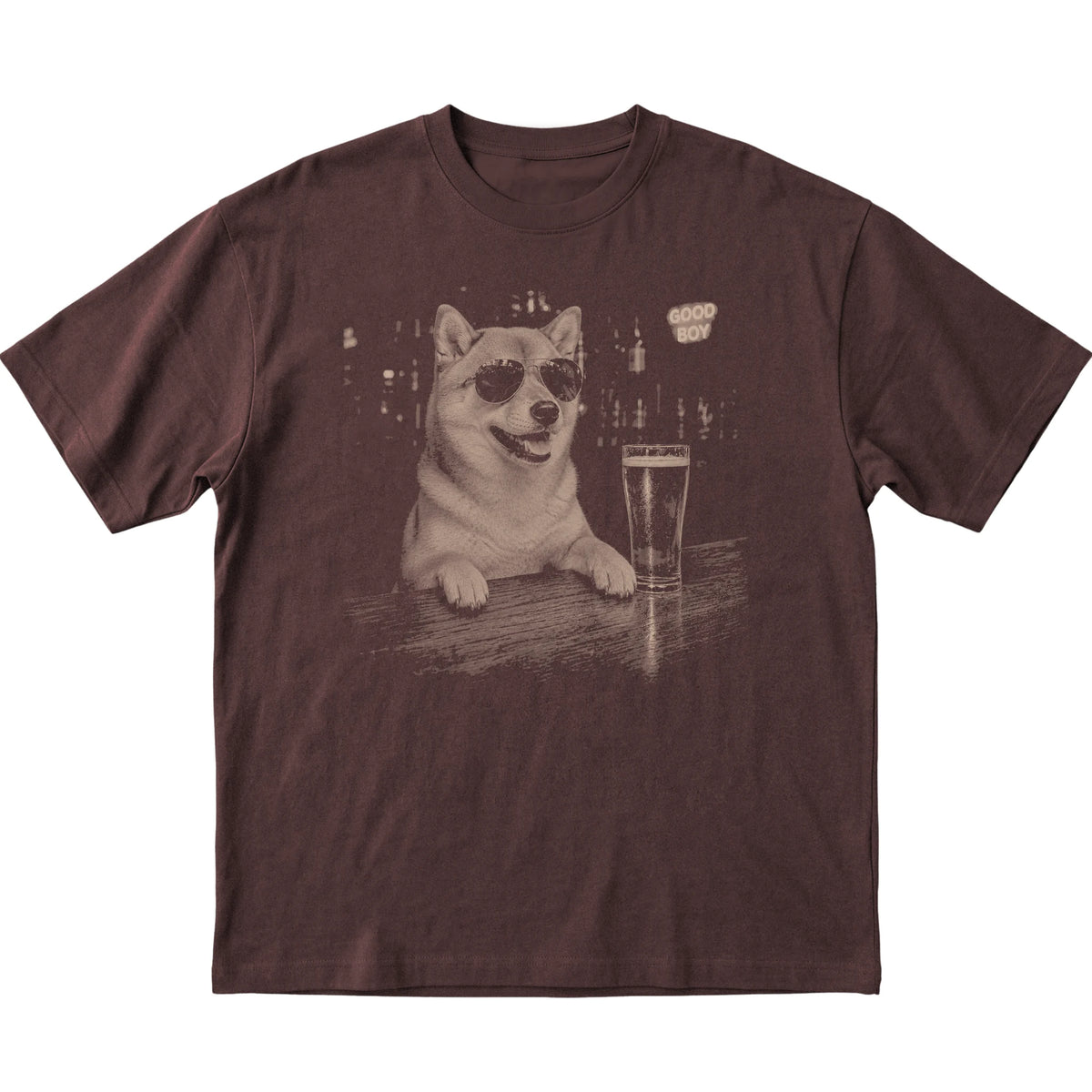 Dark Chocolate Shiba Inu at a bar beside a pint, laid flat