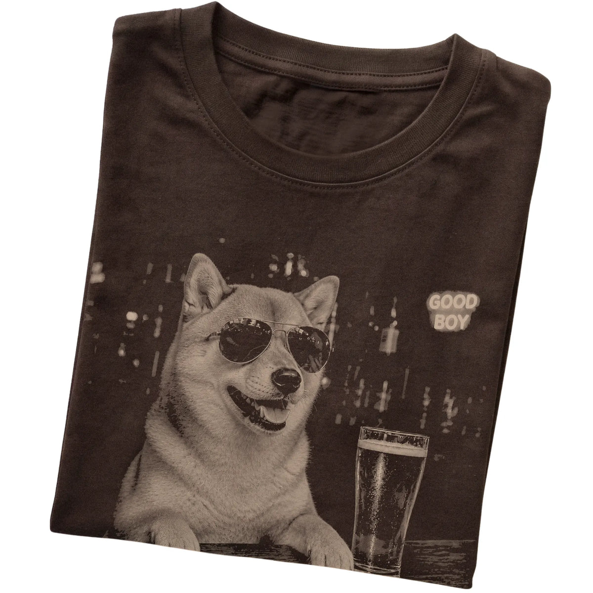 Dark Chocolate Shiba Inu at a bar beside a pint, folded detail view