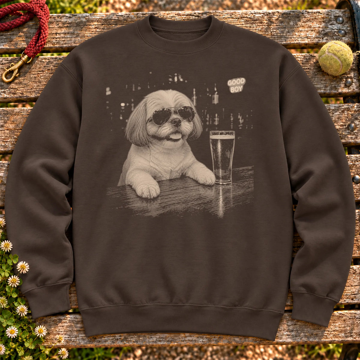 Shih Tzu Drinking Beer on a Dark Chocolate crewneck sweatshirt, shown flat