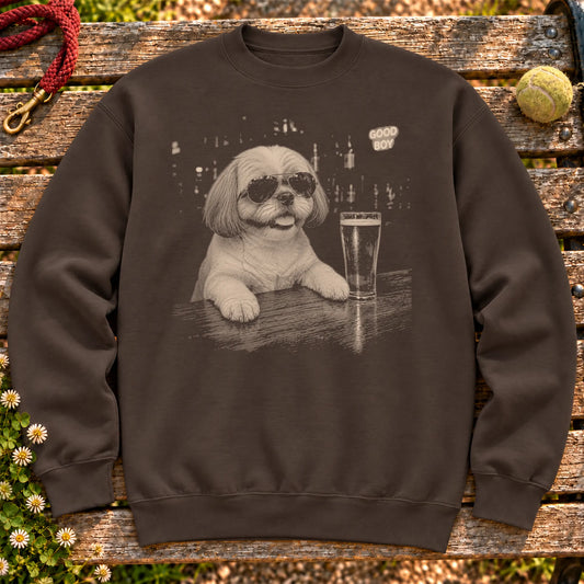 Shih Tzu Drinking Beer on a Dark Chocolate crewneck sweatshirt, shown flat