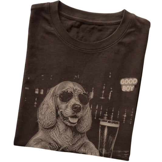 Dark Chocolate Springer Spaniel at a bar beside a pint, folded detail view