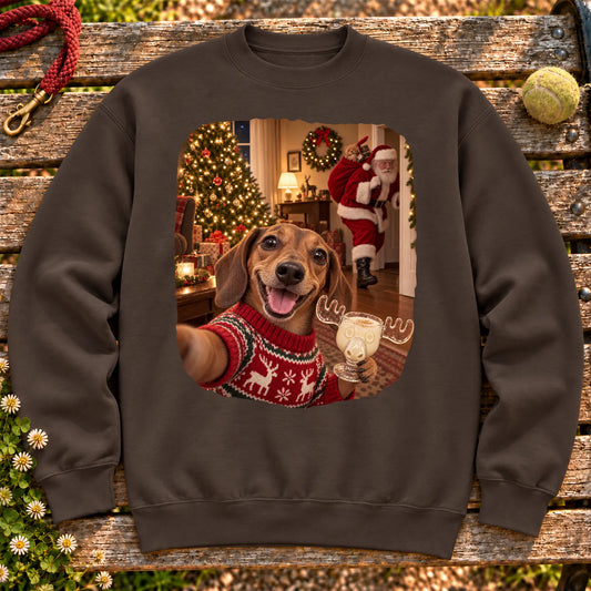 Dachshund Eggnog Selfie design on a Dark Chocolate Gildan® sweatshirt