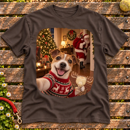 Jack Russell Eggnog Selfie design on a Dark Chocolate Gildan® T-shirt