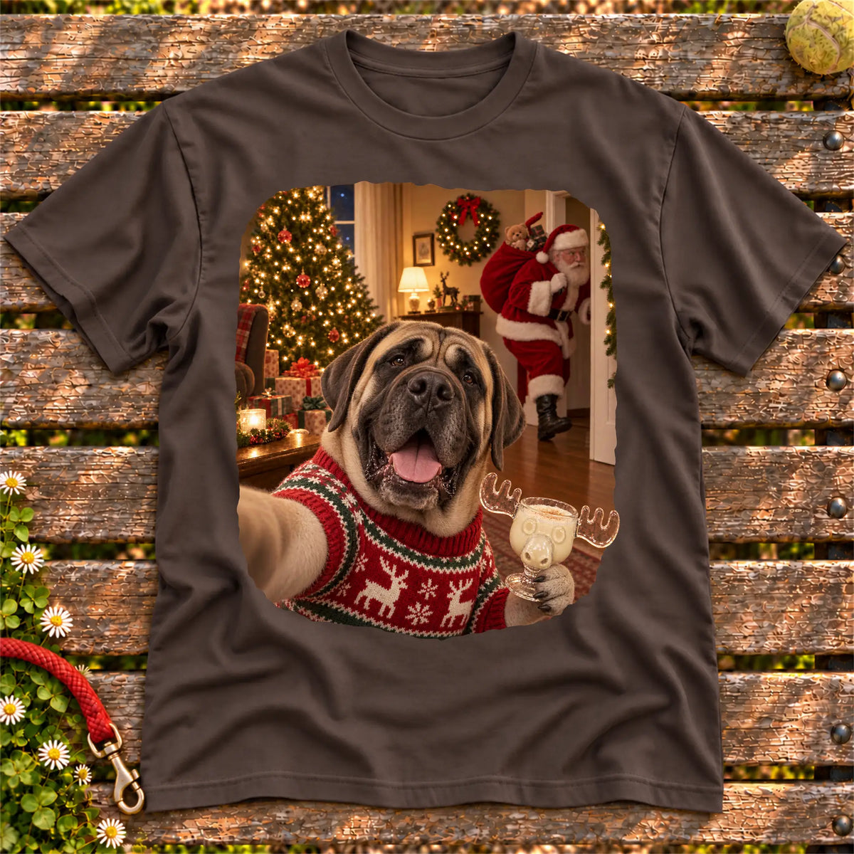 Mastiff Eggnog Selfie design on a Dark Chocolate Gildan® T-shirt