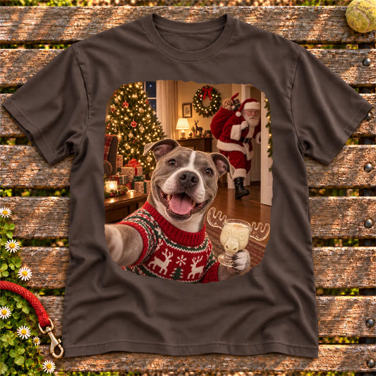 Pitbull Eggnog Selfie design on a Dark Chocolate Gildan® T-shirt