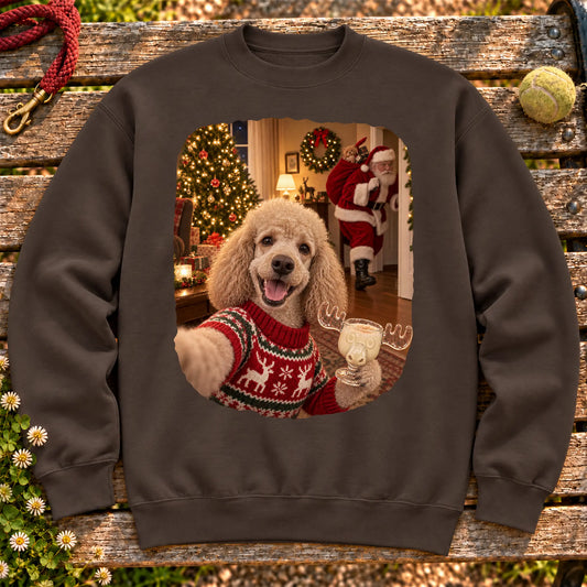 Poodle Eggnog Selfie design on a Dark Chocolate Gildan® sweatshirt