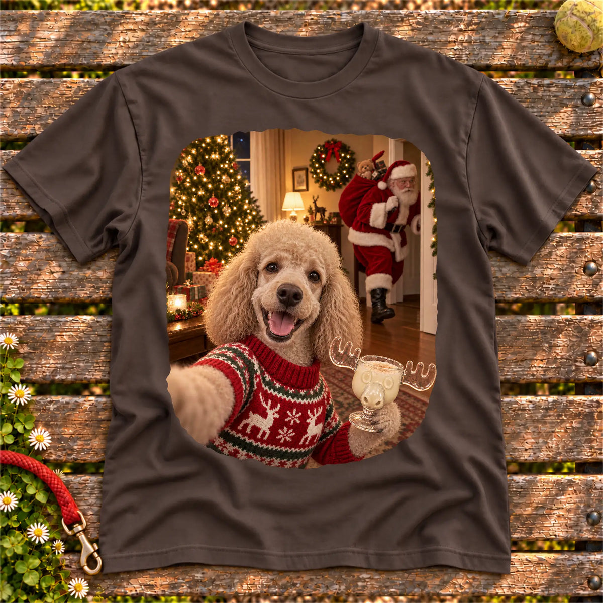 Poodle Eggnog Selfie design on a Dark Chocolate Gildan® T-shirt
