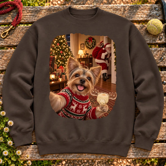 Yorkie Eggnog Selfie design on a Dark Chocolate Gildan® sweatshirt