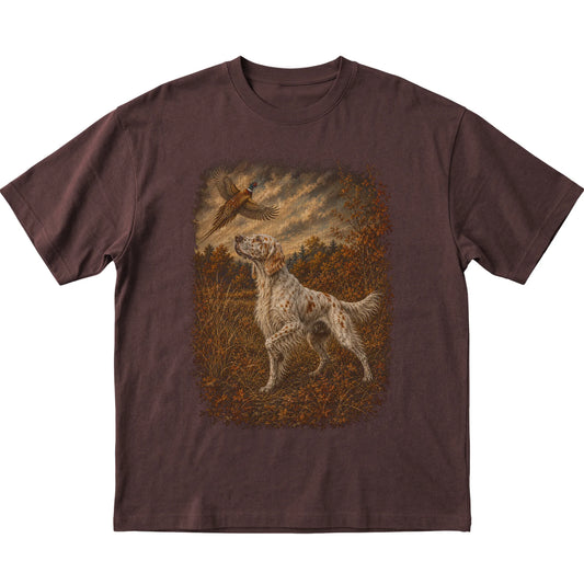 English Setter Pheasant Hunting T-Shirt in Dark Chocolate