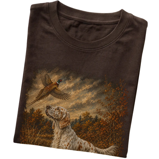English Setter Pheasant Hunting T-Shirt in Dark Chocolate
