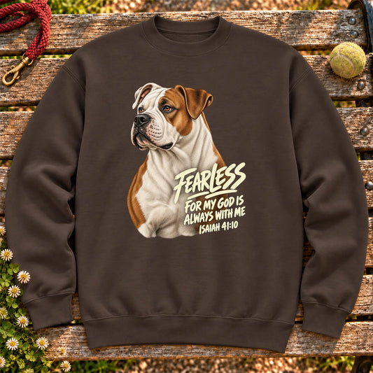 Dark Chocolate sweatshirt with a fearless American Bulldog and Isaiah 41:10