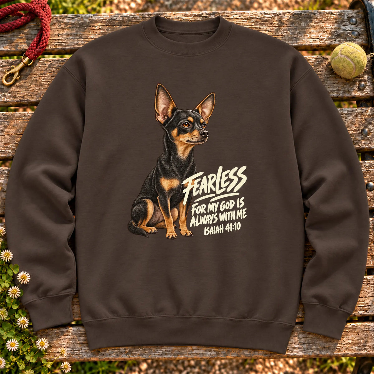 Dark Chocolate sweatshirt with a fearless Chihuahua and Isaiah 41:10