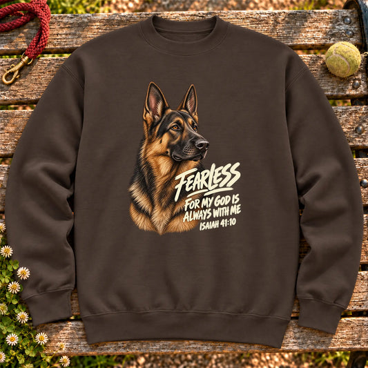 Dark Chocolate sweatshirt with a fearless German Shepherd and Isaiah 41:10