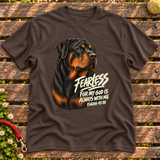 Dark Chocolate T-shirt with a fearless Rottweiler and Isaiah 41:10