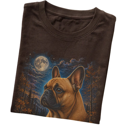 Folded dark chocolate T-shirt with French Bulldog Autumn Moon artwork.
