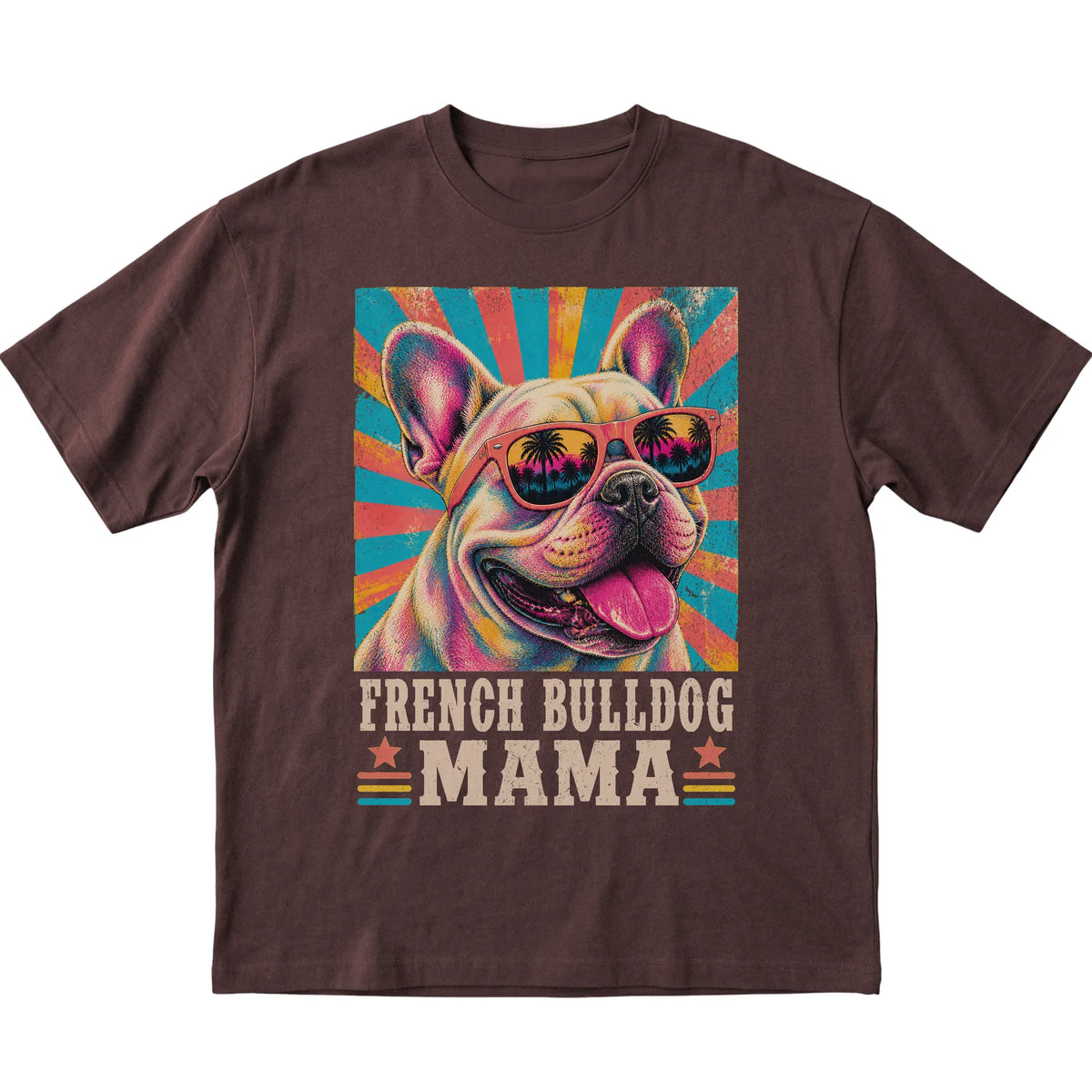 Retro French Bulldog Mama design on a Dark Chocolate softstyle T-shirt