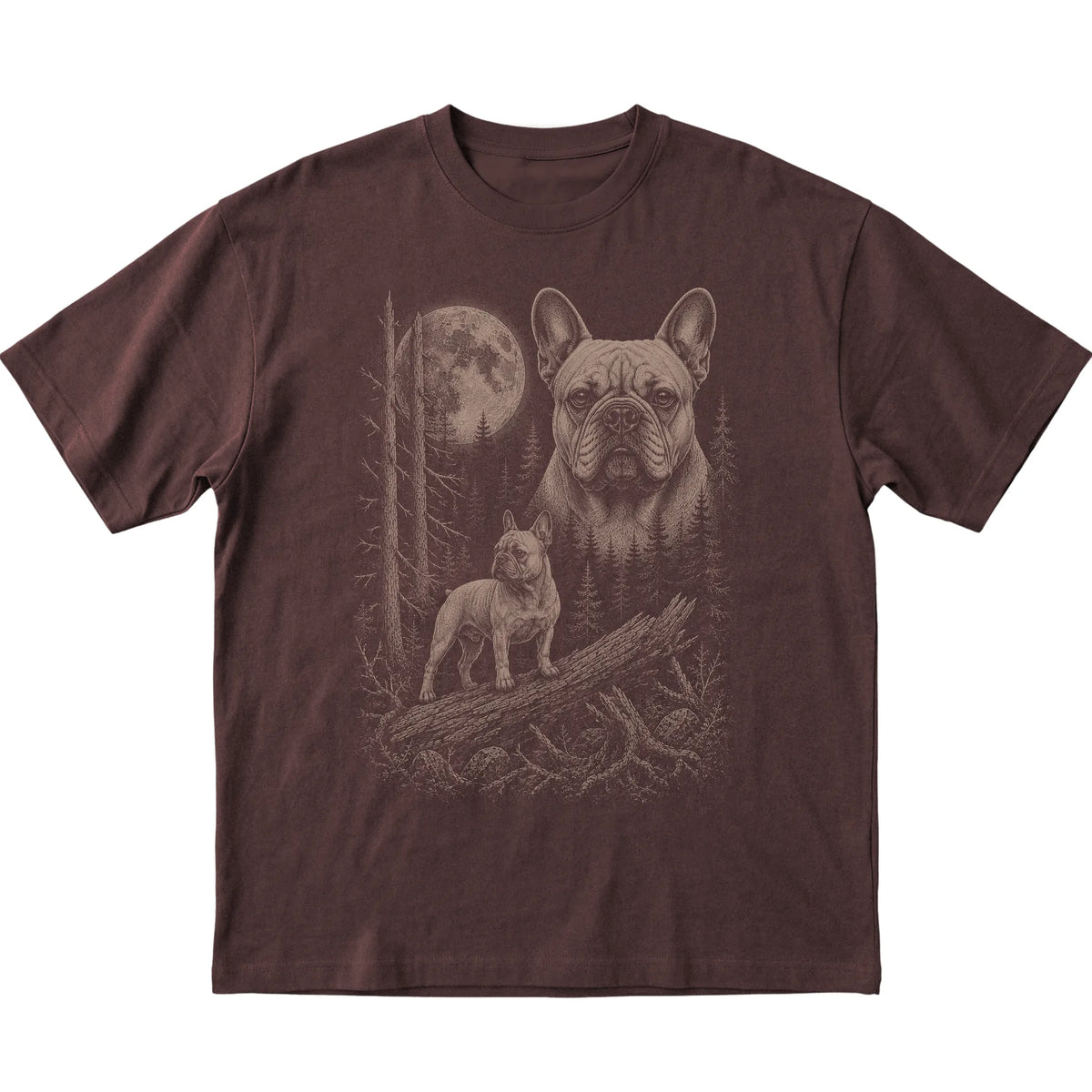 French Bulldog Moonlit Forest graphic on a dark chocolate Softstyle T-shirt laid flat