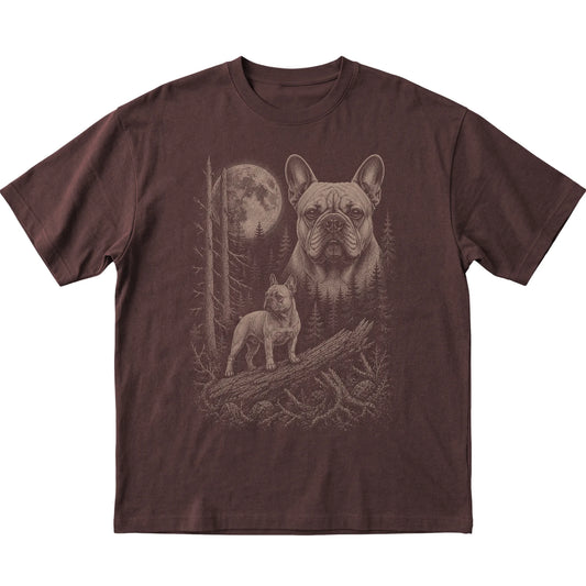 French Bulldog Moonlit Forest graphic on a dark chocolate Softstyle T-shirt laid flat