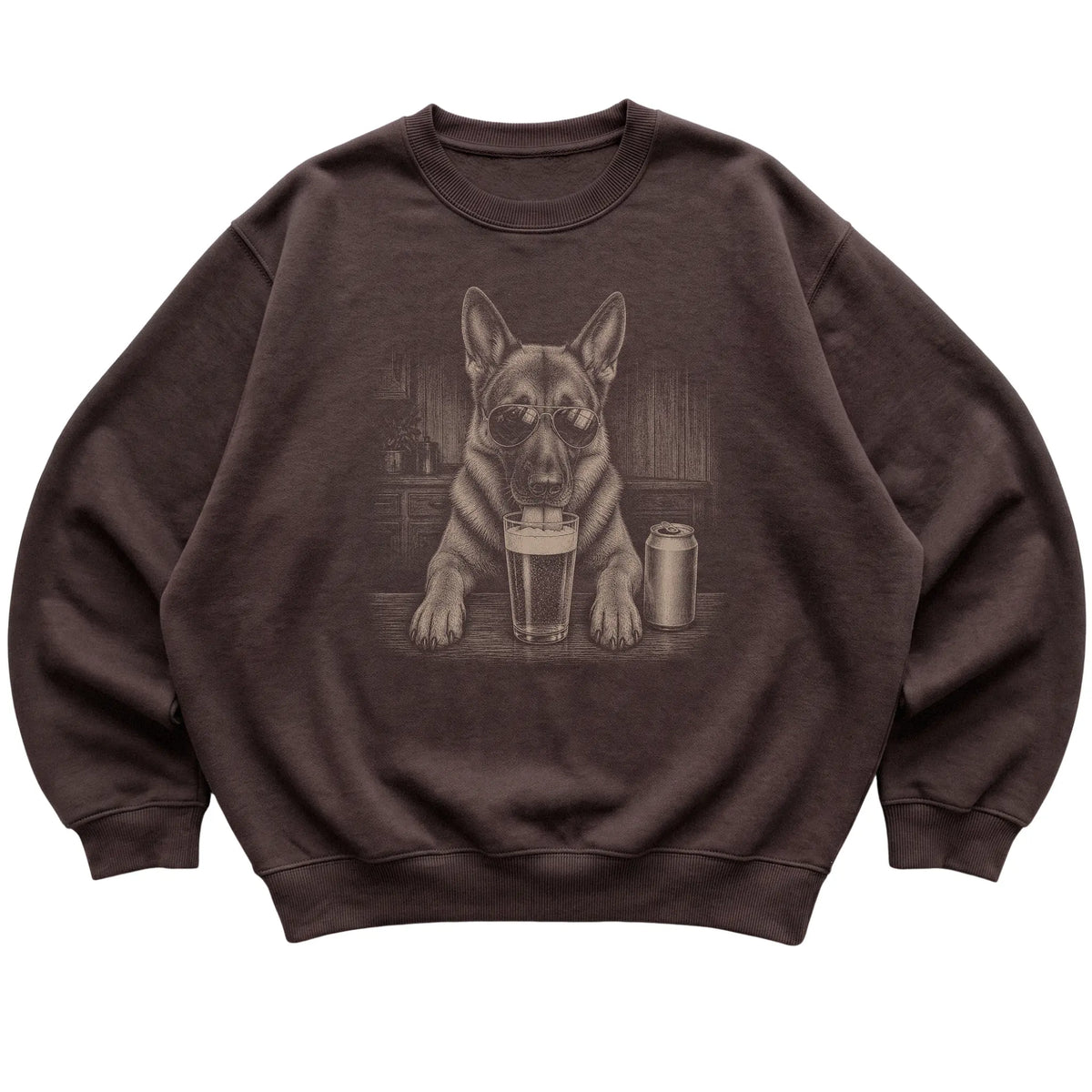 Dark Chocolate German Shepherd drinking from a pint at a bar, laid flat