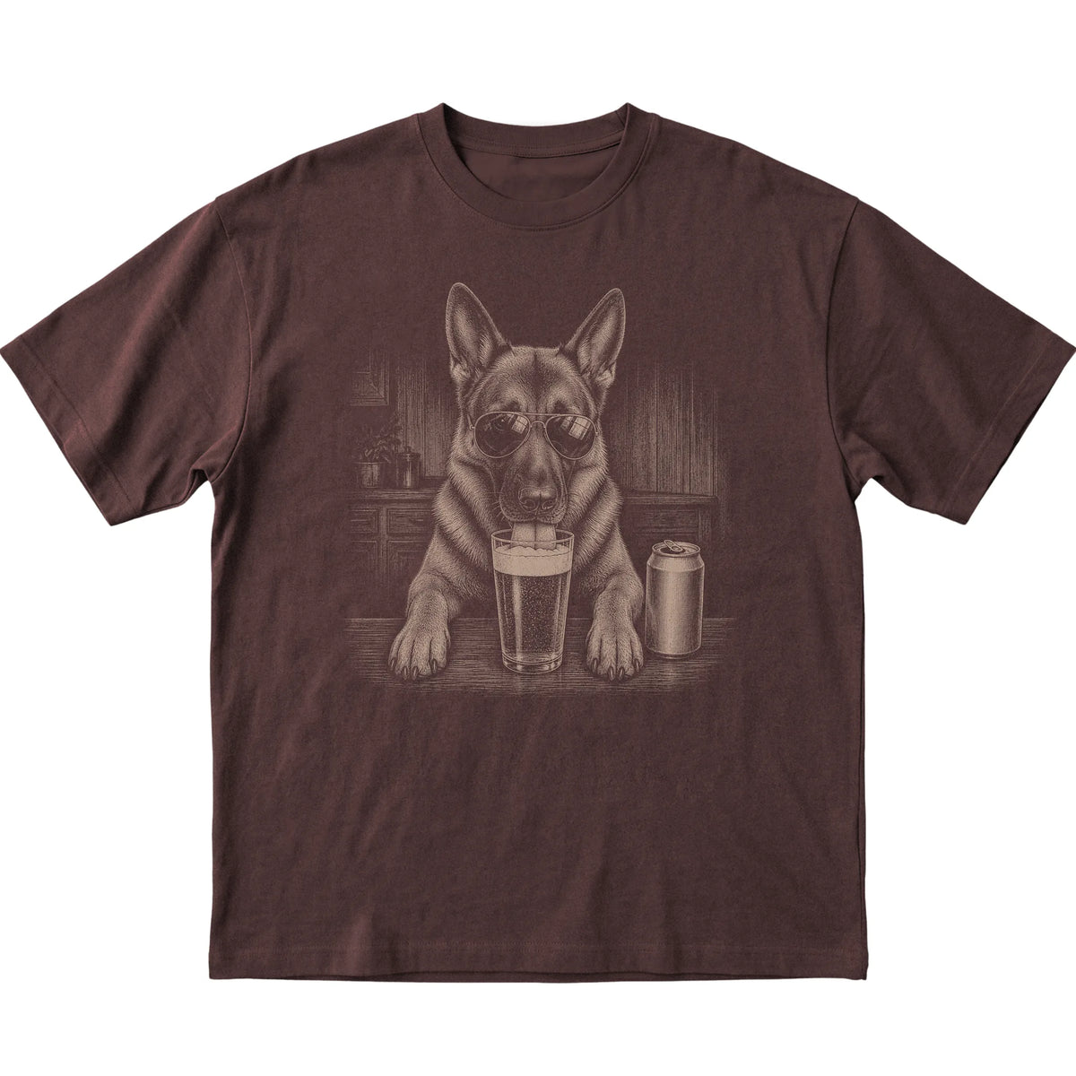 Dark Chocolate German Shepherd drinking from a pint at a bar, laid flat