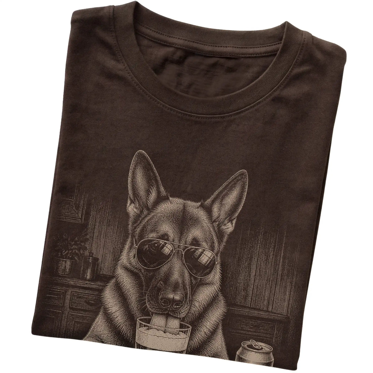 Dark Chocolate German Shepherd drinking from a pint at a bar, folded detail view