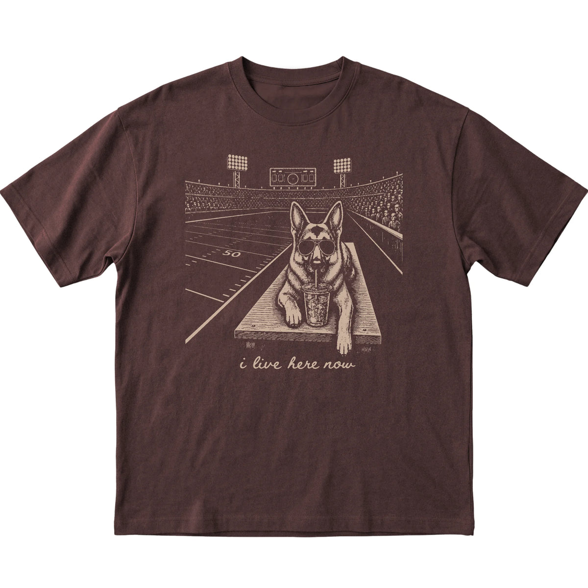 Dark Chocolate German Shepherd Football Tailgate T-shirt, laid flat