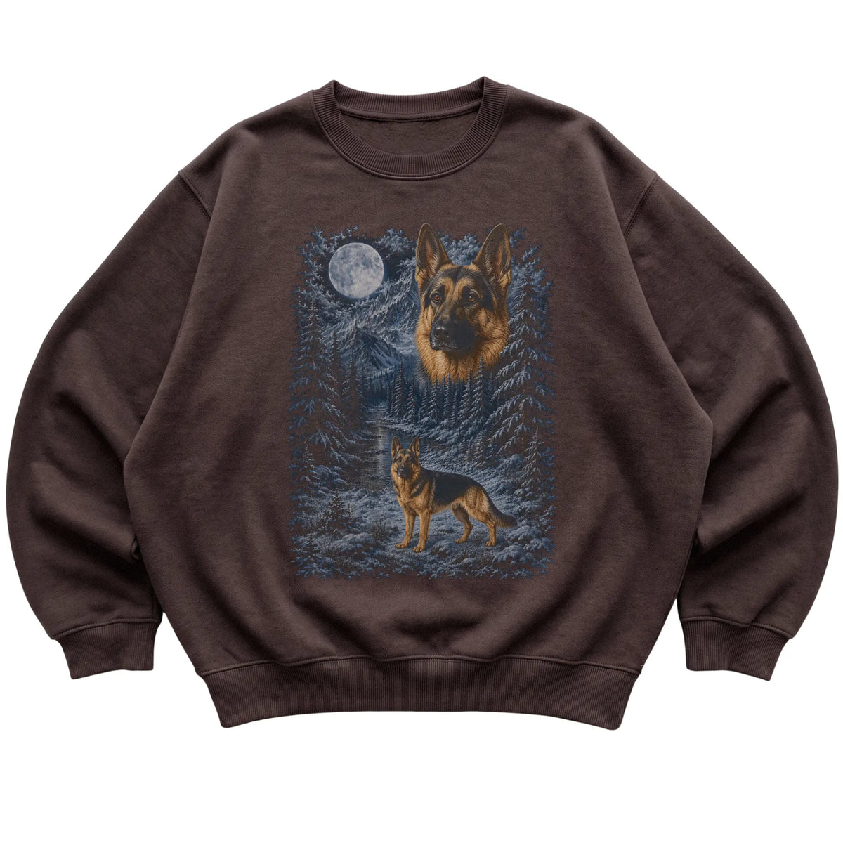 German Shepherd Forest Moon Sweatshirt in Dark Chocolate