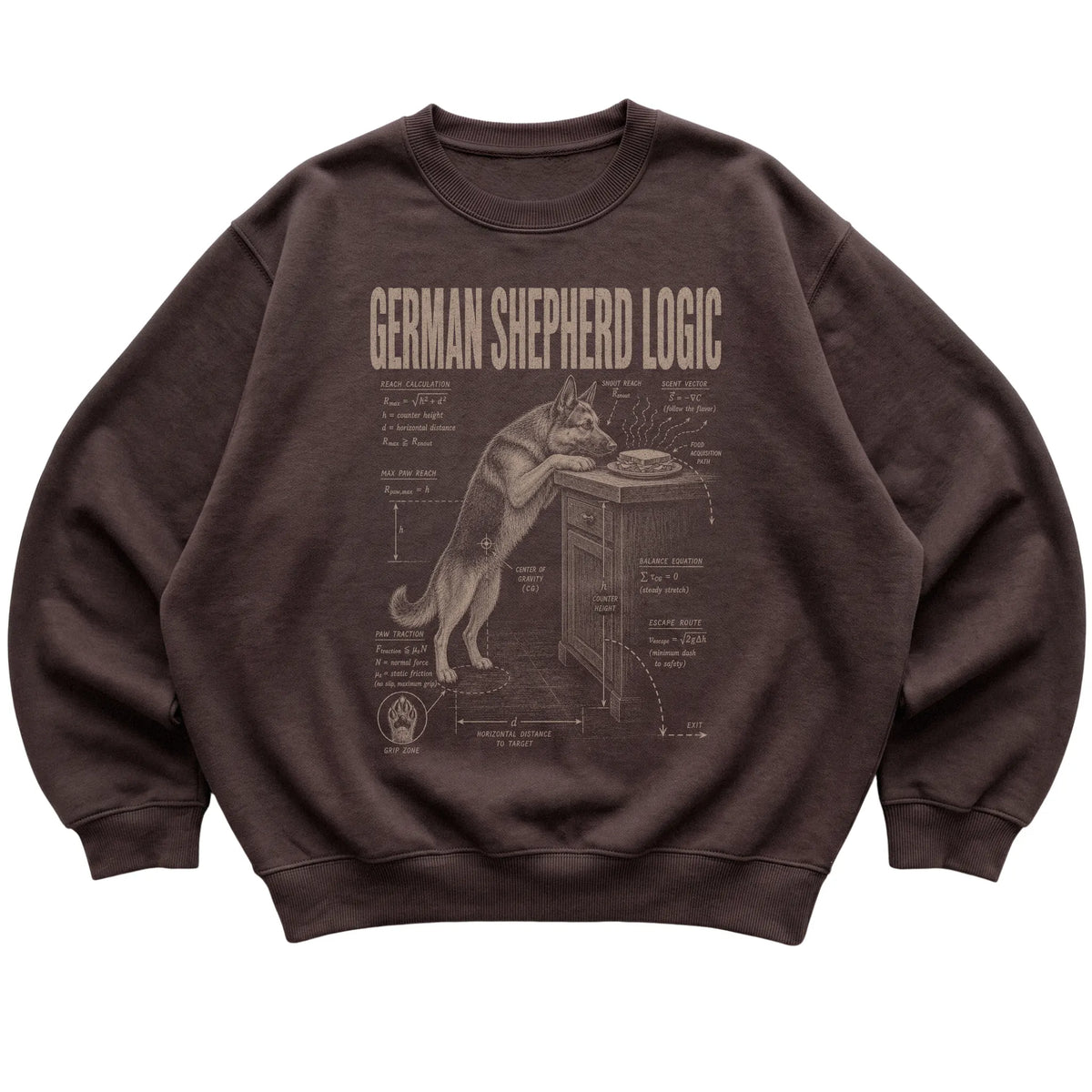 Dark Chocolate German Shepherd Logic sweatshirt laid flat