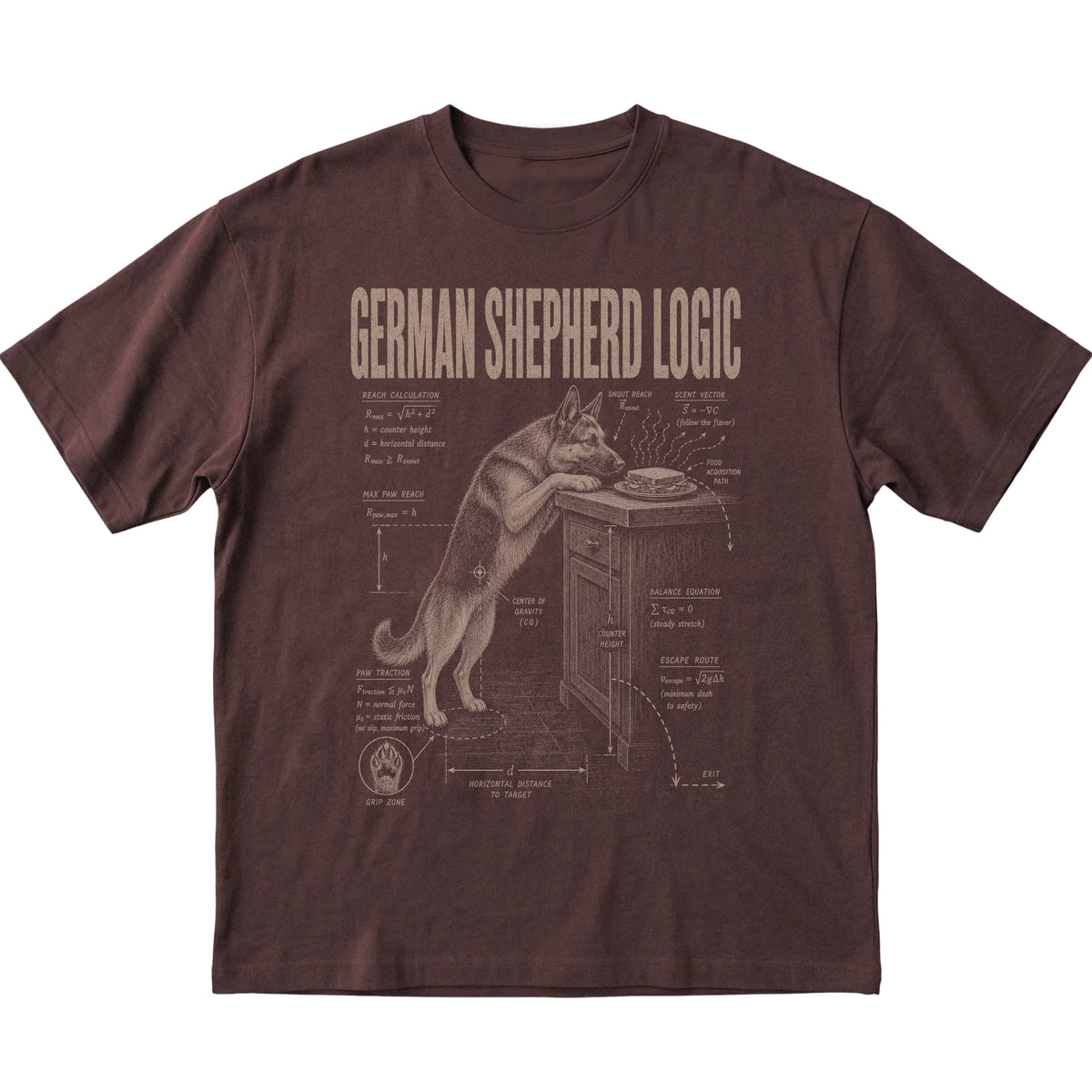 Dark Chocolate German Shepherd Logic T-Shirt laid flat