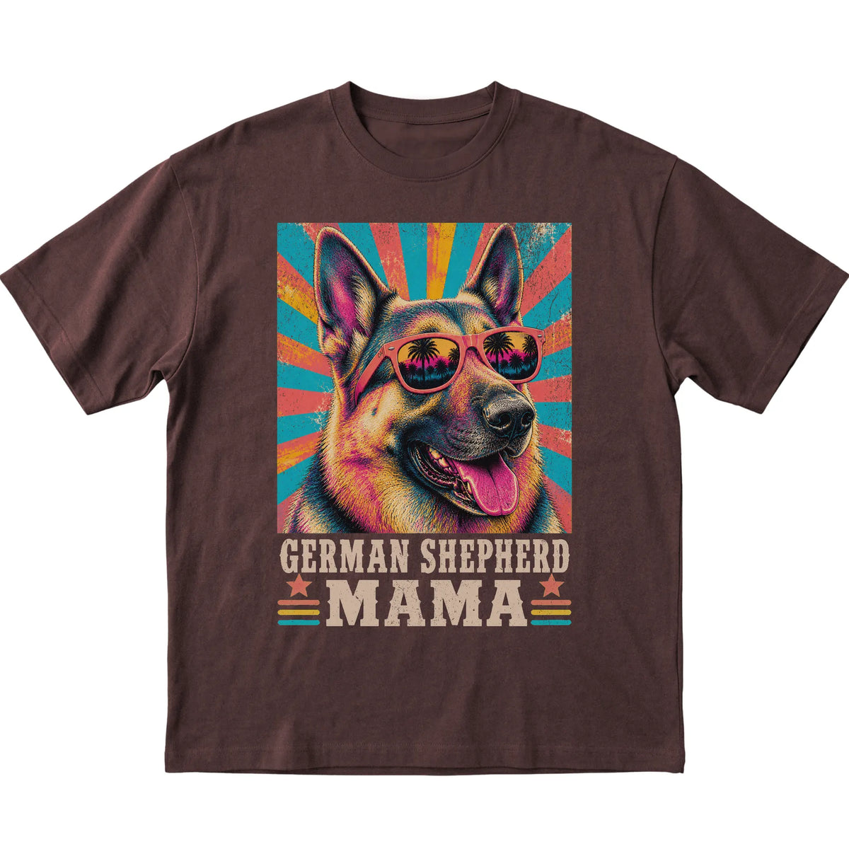 Retro German Shepherd Mama design on a Dark Chocolate softstyle T-shirt