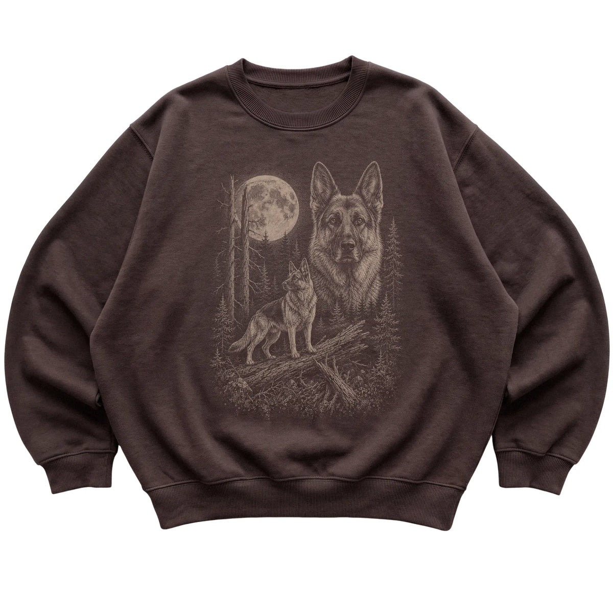 German Shepherd Moonlit Forest graphic on a dark chocolate crewneck sweatshirt laid flat